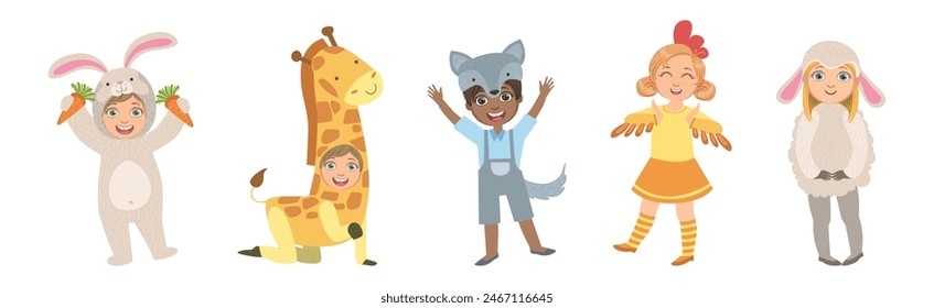 Cute Kid Character Wearing Animal Costume Enjoy Party Vector Set