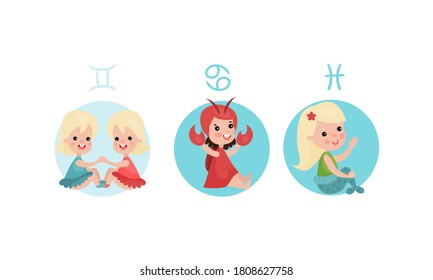 Cute Kid Characters Depicting Zodiac Sign or Astrological Sign Vector Illustration Set