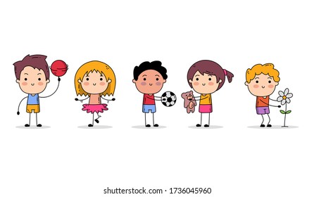 Cute Kid Characters Set 1: basketball, dance, soccer, teddy bear and gardening