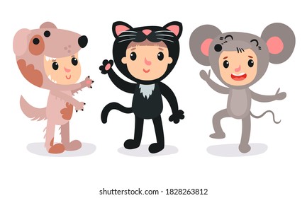 Cute Kid Characters Wearing Animal Costumes Vector Illustration Set