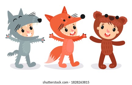 Cute Kid Characters Wearing Animal Costumes Vector Illustration Set