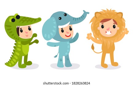 Cute Kid Characters Wearing Animal Costumes Vector Illustration Set