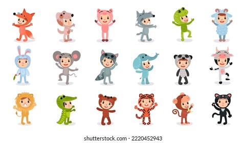 Cute Kid Characters Wearing Animal Costumes and Outfit Vector Big Set