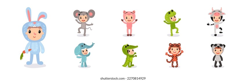 Cute Kid Characters Wearing Animal Costumes Vector Illustration Set