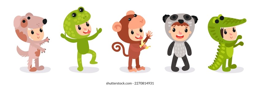 Cute Kid Characters Wearing Animal Costumes Vector Illustration Set