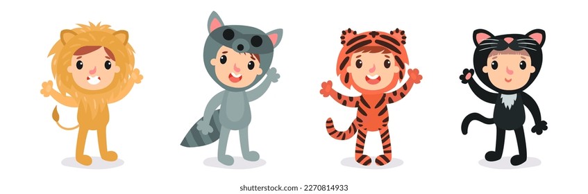 Cute Kid Characters Wearing Animal Costumes Vector Illustration Set