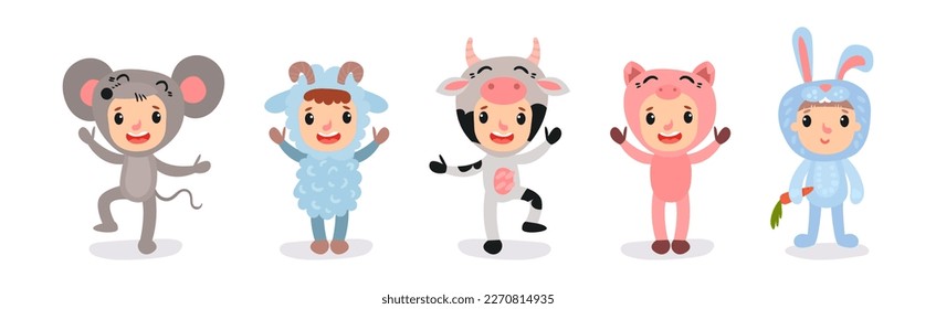 Cute Kid Characters Wearing Animal Costumes Vector Illustration Set