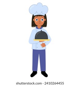 Cute kid chef in cartoon style for kids. Girl cooker in a hat and uniform holding a plate isolated on white background. Learning professions clipart for school and preschool. Vector illustration