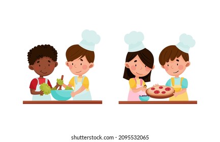 Cute kid chef characters set. Cheerful children little preparing tasty dishes in kitchen cartoon vector illustration