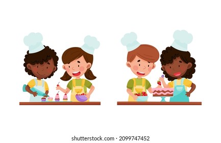 Cute kid chef characters set. Cheerful children little baking cupcakes and cake in kitchen cartoon vector illustration