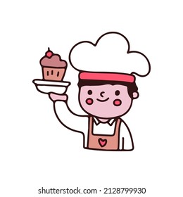 Cute kid with chef costume holding a cup cake cartoon. Illustration for Perfect Nursery children, kids, greeting.