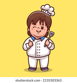 Cute Kid Chef Holding Spatula Cartoon Vector Icon Illustration. People Food Icon Concept Isolated Premium Vector. Flat Cartoon Style