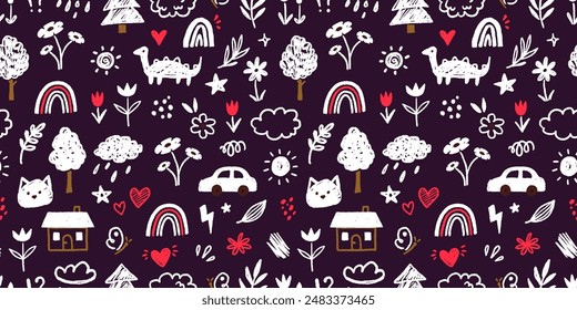 Cute kid child element vector seamless pattern. Hand drawn doodle sketch children cute vector school chalk background. Kids doodle crayon style line flower, cloud doodle pattern. Vector illustration