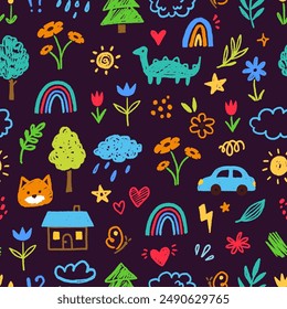 Cute kid child element vector seamless pattern. Hand drawn doodle sketch children cute vector school chalk background. Kids doodle crayon style line flower, cloud doodle pattern. Vector illustration