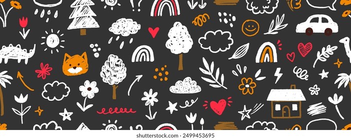Cute kid child element vector seamless pattern. Hand drawn doodle sketch children cute vector school chalk background. Kids doodle crayon style line flower, cloud doodle pattern. Vector illustration