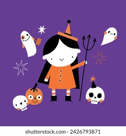Cute kid childish halloween witch girl fairy with jack o lanterns, skulls postcard design template vector illustration 
