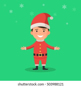 Cute kid in a Christmas costume Santa Claus and snowflake on background. New year carnival person. Vector illustration in cartoon style web design template holidays for banner, poster or greeting card