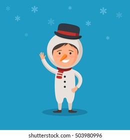 Cute kid in a Christmas costume snowman and snowflake on background. New year carnival person. Vector illustration in cartoon style web design template holidays for banner, poster or greeting card