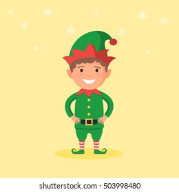 Cute kid in a Christmas Elf costume and snowflake on background. New year carnival person. Vector illustration in cartoon style web design template holidays for banner, poster or greeting card