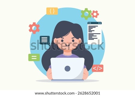 Cute Kid Coding on Laptop – Minimalist Flat Vector. Simple vector showing a child learning programming with a laptop, great for online courses and tech education. eps10