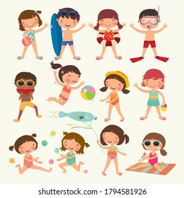 Cute-Kind-Kollektion am Strand, Vektorgrafik, Illustration