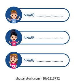 Cute kid colorful name tags for school children isolated and waving