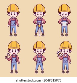Cute kid with construction worker costume mascot design vector illustration