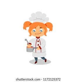 Cute kid cooking soup or sauce. Funny little girl with ponytails in chef uniform. Flat vector design