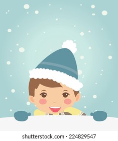 Cute kid with copy space. Can be used for retro christmas card. Vector illustration.