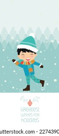 Cute kid with copy space. Can be used for retro christmas card. Vector illustration.