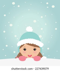 Cute kid with copy space. Can be used for retro christmas card. Vector illustration.