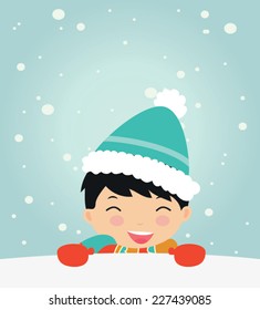 Cute kid with copy space. Can be used for retro christmas card. Vector illustration.