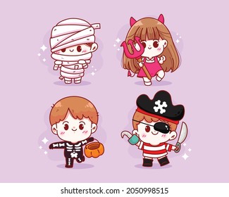 Cute kid costume character Happy halloween holiday celebration collection hand drawn cartoon art illustration