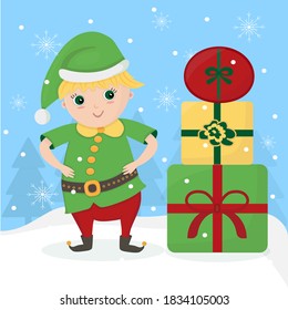 cute kid in costume of elf helper with Santa hat with a pile of gift box with presents on winter background with snow, xmas trees, snowflakes. Baby character for winter holidays, Christmas, New Year 