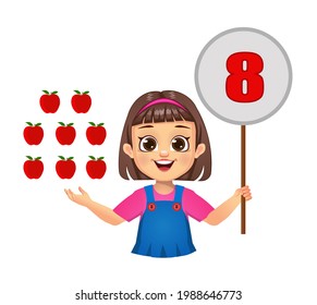 cute kid counting numbers by showing number board. isolated on white background