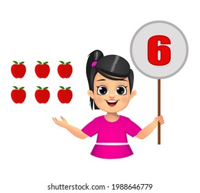 cute kid counting numbers by showing number board. isolated on white background