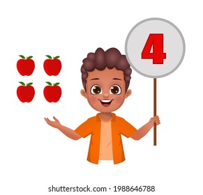 cute kid counting numbers by showing number board. isolated on white background
