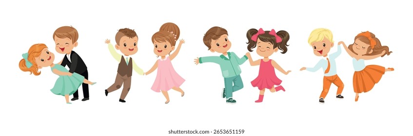 Cute Kid Couple Dancing Moving Body Show Performance Vector Set