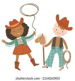 Cute kid cowboy and cowgirl with toy horse and lasso on white background. Wild west hand drawn vector illustration.