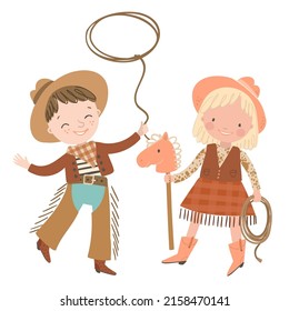 Cute kid cowboy and cowgirl with toy horse and lasso on white background. Wild west hand drawn vector illustration.