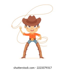 Cute Kid Cowboy Holding Rope Lasso Vector Illustration. Cartoon Isolated Little Funny Boy In Traditional Texas Cowboy Costume With Hat And Leather Boots, Child Playing Western American Rodeo Game