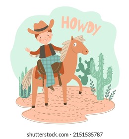 Cute kid cowboy, horse and cactus on white background. Wild west hand drawn vector illustration.