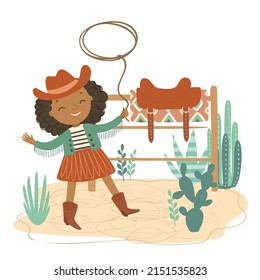 Cute kid cowgirl with lasso and cactus on white background. Wild west hand drawn vector illustration.