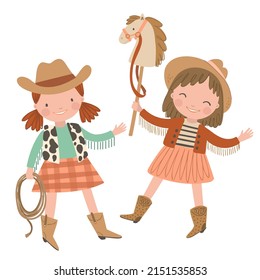 Cute kid cowgirl with toy horse on white background. Wild west hand drawn vector illustration.