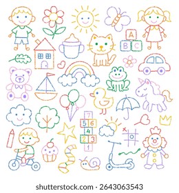 Cute kid crayon hand drawn icon. Preschool kindergarten doodle set. Sketch children vector school chalk background.