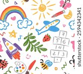 Cute kid crayon seamless pattern. Hand drawn doodle child elements, rainbow, animals, rocket. Vector chalk background. Kids doodle crayon pattern for wrapping paper, wallpaper, kindergarten design