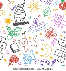 Cute kid crayon seamless pattern. Hand drawn doodle child elements, rainbow, animals, rocket. Vector chalk background. Kids doodle crayon pattern for wrapping paper, wallpaper, kindergarten design