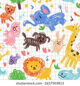 Cute kid crayon seamless pattern. Hand drawn doodle child elements, rainbow, animals, rocket. Vector chalk background. Kids doodle crayon pattern for wrapping paper, wallpaper, kindergarten design