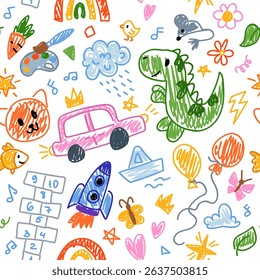 Cute kid crayon seamless pattern. Hand drawn doodle child elements, rainbow, animals, rocket. Vector chalk background. Kids doodle crayon pattern for wrapping paper, wallpaper, kindergarten design