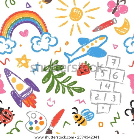 Cute kid crayon seamless pattern. Hand drawn doodle child elements, rainbow, animals, rocket. Vector chalk background. Kids doodle crayon pattern for wrapping paper, wallpaper, kindergarten design